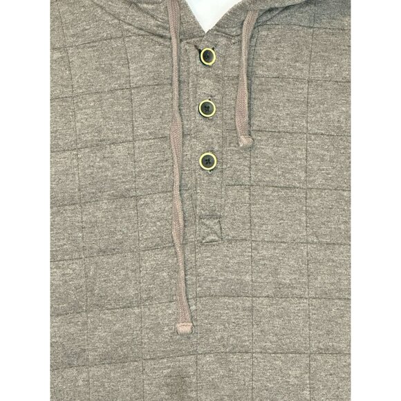 Quilted Gray Hooded Pullover Sweatshirt With Kangaroo Pocket‎ & Button Closure - Picture 3 of 16